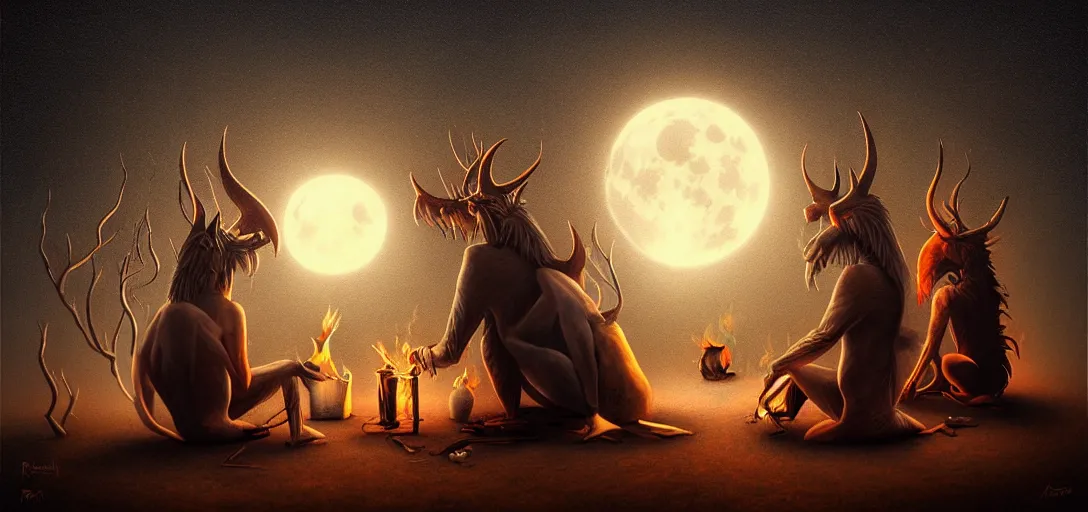 Image similar to strange mythical beasts of sitting around a fire under a full moon, surreal dark uncanny painting by ronny khalil