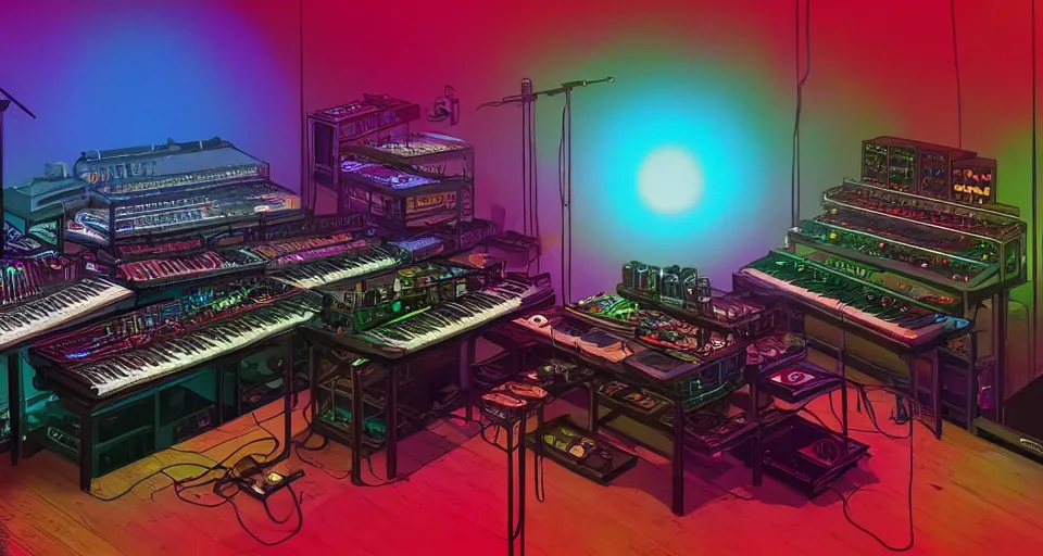 Image similar to a shelf of amazing synthesizers, cinematic lighting, detailed, beautiful colors, by greg rutowski and studio ghibli