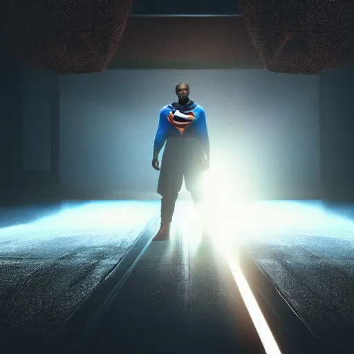 Prompt: Movie still of Kanye West as superman, splash art, cinematic lighting, dramatic, octane render, long lens, shallow depth of field, bokeh, anamorphic lens flare, 8k, hyper detailed, 35mm film grain