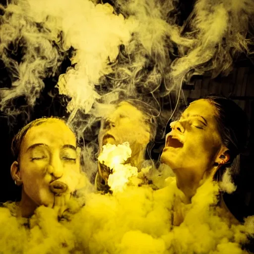 Image similar to a group of people breathing in yellow smoke, floating, possessed, euphoric, surreal, dreamy