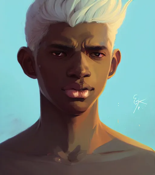 Image similar to portrait of a young man, raised on the island, dark skin, white hair, face tatooes by atey ghailan, by greg rutkowski, by greg tocchini, by james gilleard, by joe fenton, by kaethe butcher, dynamic lighting, gradient light blue, brown, blonde cream and white color scheme, grunge aesthetic