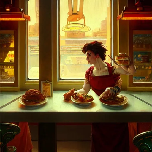 Image similar to the roman god of food, wearing a soiled apron, service short order food in a cyberpunk diner, intricate, headshot, highly detailed, digital painting, artstation, concept art, sharp focus, cinematic lighting, illustration, art by artgerm and greg rutkowski, alphonse mucha, cgsociety, edward hopper