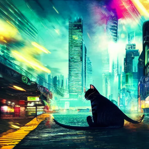 Prompt: bombay cat attacking a cyberpunk city like godzilla, cinematic, colorful, funny, chaotic, 8 k, computer wallpaper.