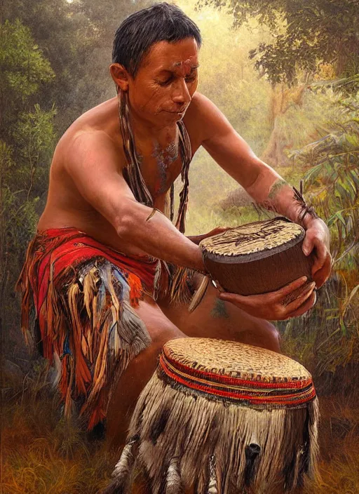 Image similar to a realistic painting of indigenous man playing shamanic drum, highly detailed, matte painting, fantasy art