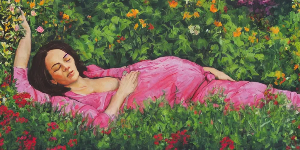 Image similar to painting of woman in fetal position lying down in garden