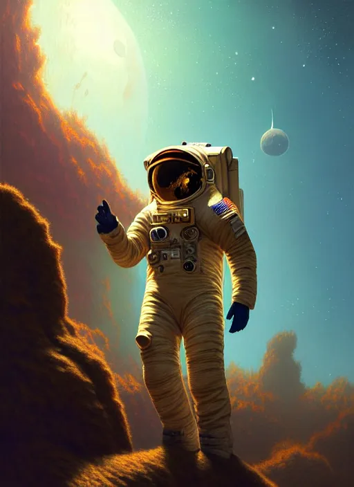 Image similar to extremely detailed, astronaut lush planet, full body, soft light, golden glow, diffuse lighting, fantasy, intricate, surrealism!!!!, highly detailed, lifelike, photorealistic, digital painting, artstation, illustration, concept art, smooth, sharp focus, by greg rutkowski, chris tulloch mccabe, valentina remenar and asher duran,