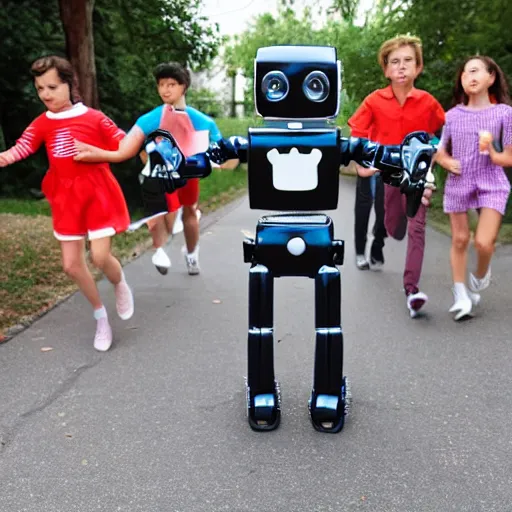 Image similar to in the style of 1960s, A scary robot is chasing after a bunch of scared kids down the street, fully detailed , fully detailed kids faces in focus