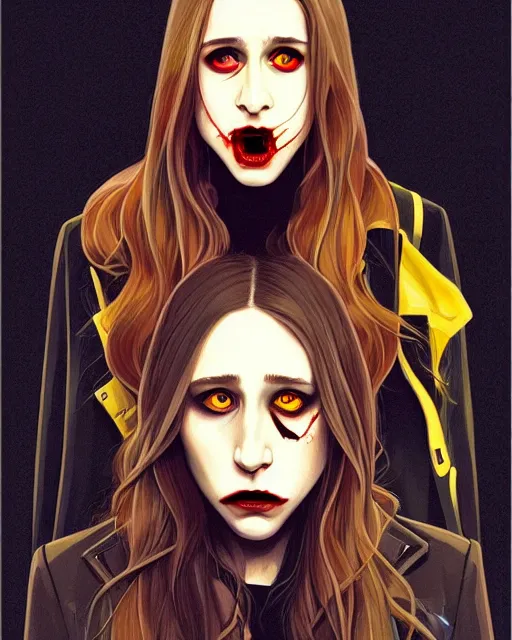 Prompt: in the style of Joshua Middleton, moody lighting, beautiful evil vampire Taissa Farmiga sharp bloody vampire fangs open mouth, yellow eyes, symmetrical eyes, realistic face, symmetrical face, brown leather jacket, jeans, long black hair, full body