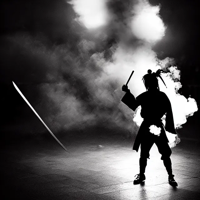 Image similar to cyber samurai fire dance slashing sword atomic, detailed bushido form smoke, fighting stance dark energy, shibuya prefecture, cinematic lighting, fog mist smoke, photorealistic, night photography by tomino - sama