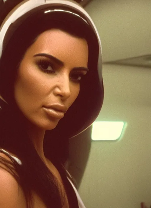 Prompt: film still of kim kardashian in the movie Alien, facehugger mounted on face, unconscious, cinematic shot, 4k.