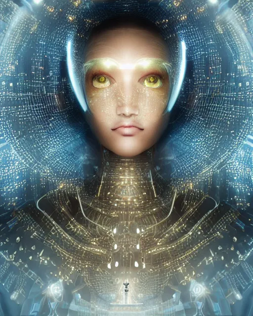 Image similar to detailed portrait of a beautyful cyber noun, necromancer, benevolent, scifi, futuristic, elegant cape, year 2 1 0 0, elegant, alien room background, white, blue, gold, trending on artstation, so - s 1 4 8 ft light, holy machine, advanced technology, art by vitaly bulgarov and nivanh chanthara