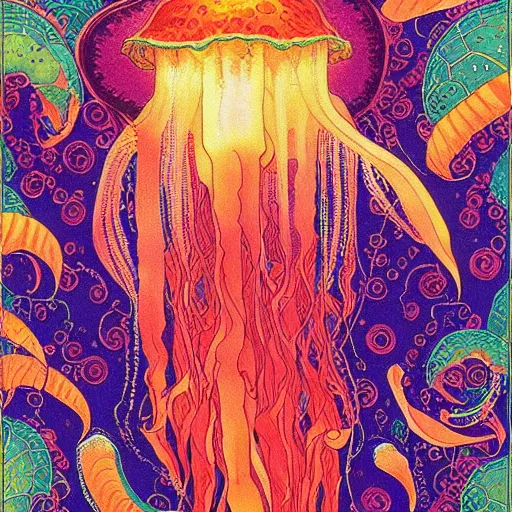 Image similar to ivan bilibin and edmund dulac and ilya kuvshinov and katsuhiro otomo inspired print of jellyfish in a bright ocean, deep focus, fantasy, intricate, elegant, highly detailed, digital painting, concept art, sharp focus, illustration, scarlet - green and mustard - indigo and azure - orange and white color scheme