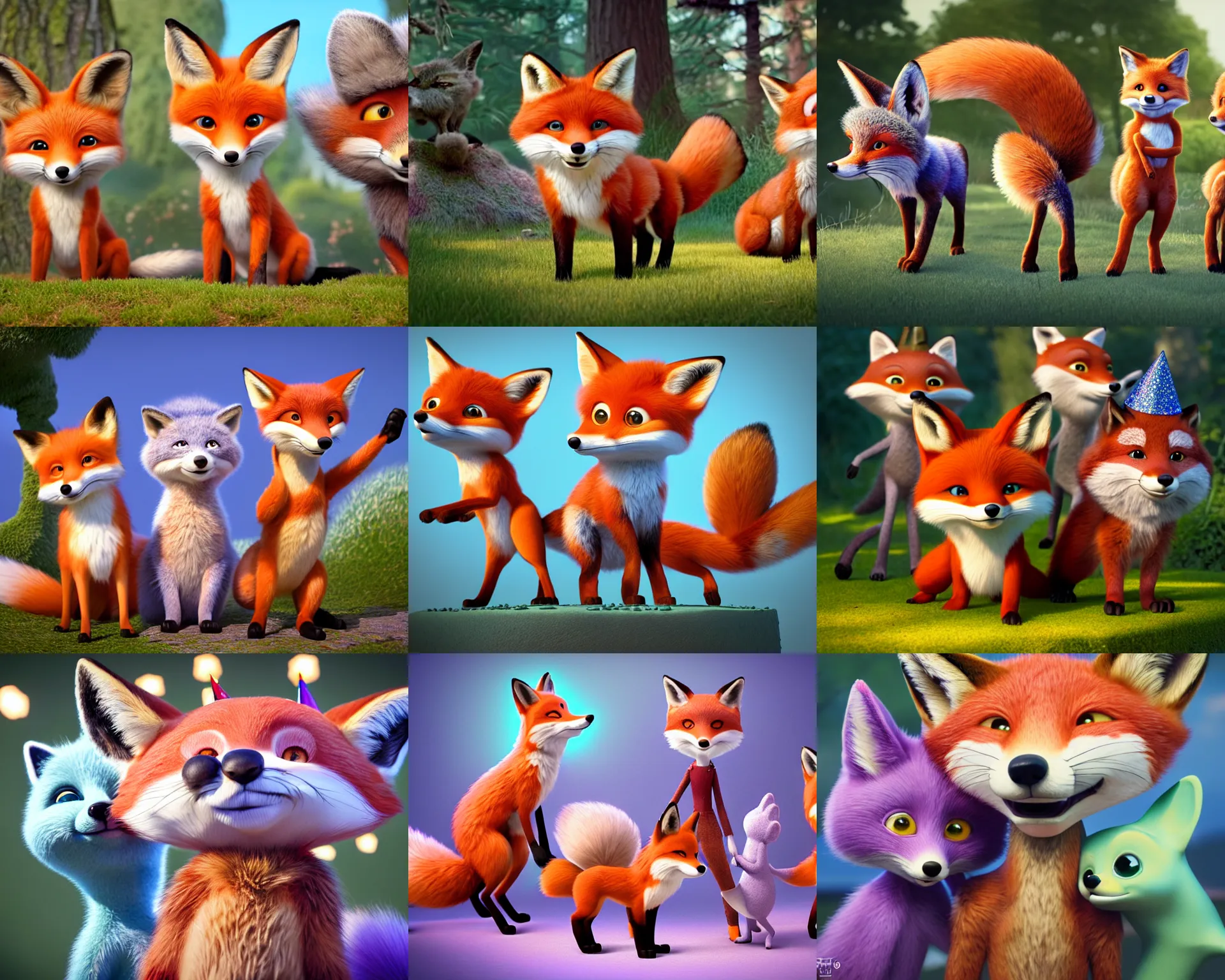 Prompt: 3 foxes of different color celebrating a birthday party, rich aquarel, dynamic lighting, intricate detail, fur visible, nature background, 3d, ultra hd, character design by Mark Ryden and Pixar and Hayao Miyazaki, unreal 5, DAZ, hyperrealistic, octane render, cosplay, RPG portrait, dynamic lighting, intricate detail, summer vibrancy, cinematic, contest winner 2021