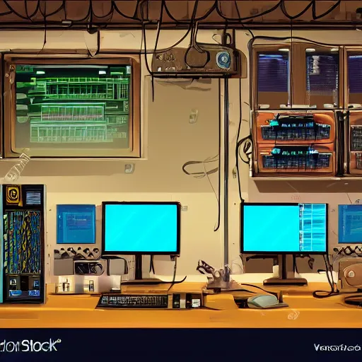 Image similar to computer programmer working in a steampunk office with lots of equipment & monitors, highly detailed, cyberpunk vivid background colors