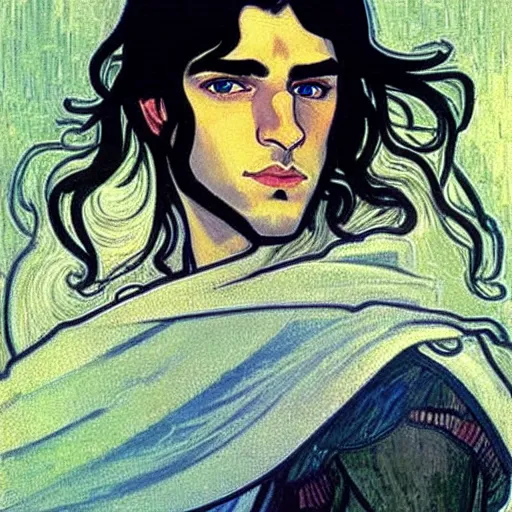 Image similar to painting of young handsome beautiful paladin elf! man with long wavy dark hair in his 2 0 s named shadow taehyung at the blueberry party, wearing armor!, elegant, clear, painting, stylized, delicate, soft facial features, art, art by alphonse mucha, vincent van gogh, egon schiele,