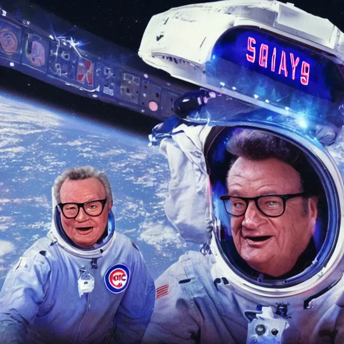 Image similar to a sci - fi hologram of cubs announcer harry caray in space, universe, lasers, galaxy, cyberpunk