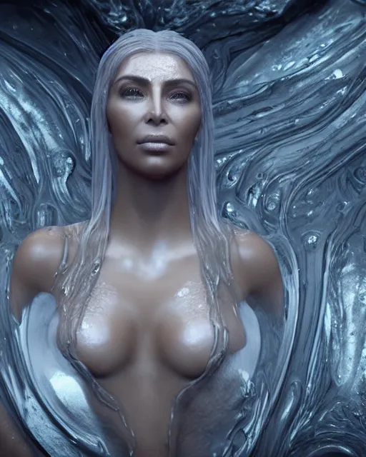 Prompt: epic full - body - shot still of kim kardashian unconscious in a transparent alien liquid, wet flowing hair, gooey skin, illustration, unreal engine 5, 8 k, made by h. r. giger.