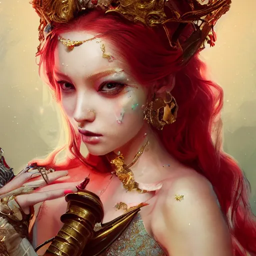 Image similar to the portrait, masked beautiful female violinist, exotic costumes, gold jewelry, red hair ， illustration by wenjun lin, irakli nadar, bright colors, octopath traveler, wenjun lin, unreal engine 5 highly rendered, global illumination, radiant light, detailed and intricate environment