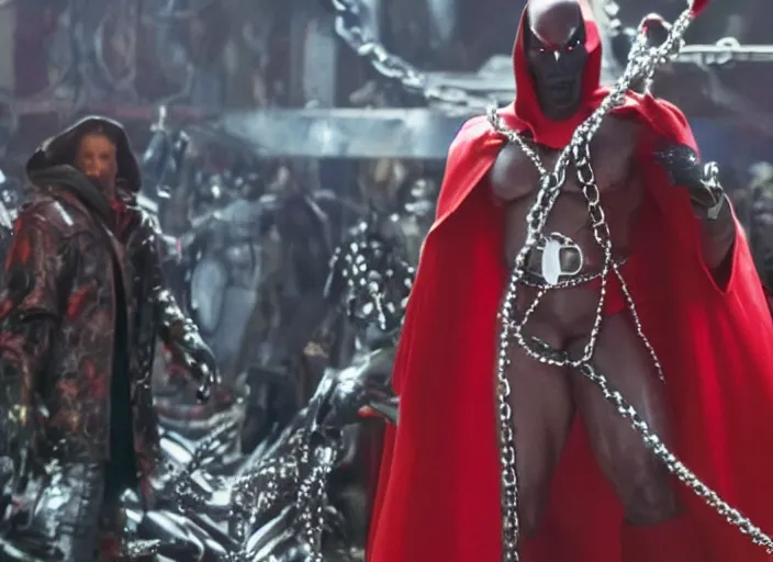 Image similar to film still of jamie foxx as spawn in the new spawn movie, giant chains, large cape, 8 k