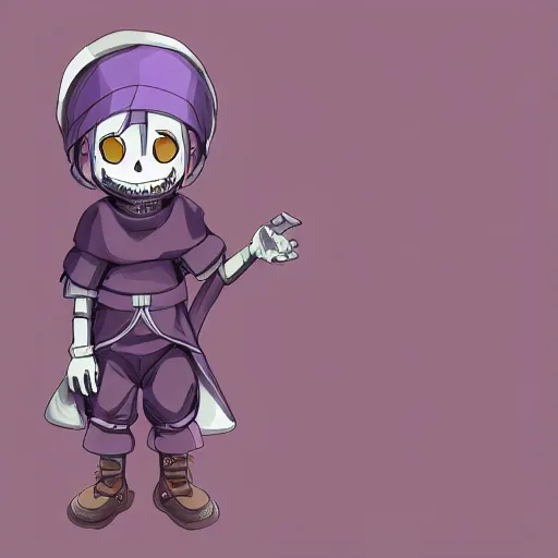 Image similar to cute little boy wearing an skull mask and dressed in an nun outfit in desert, purple color palette, artwork made in made in abyss art style, inspired in ddtank and hirohiko araki, ray tracing, soft details