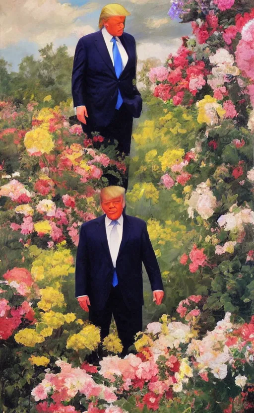 Image similar to romantic portrait of donald trump in an elegant dress surrounded by beautiful flowers, by gregory manchess, james gurney, james jean