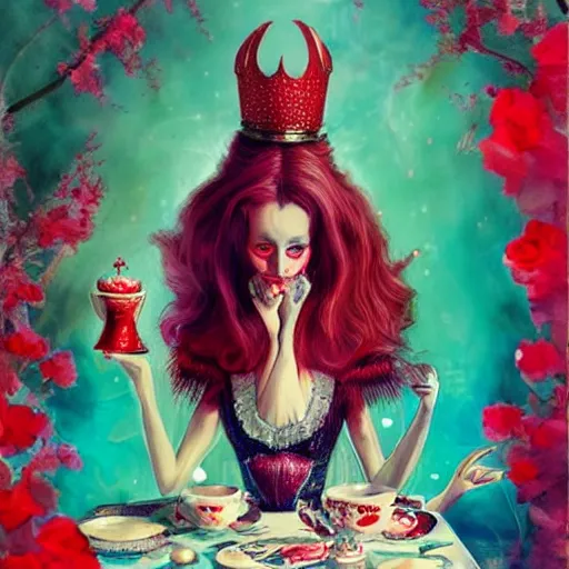 Image similar to the red queen from alice in wonderland having a tea party by anna dittmann, highly detailed, bright tones