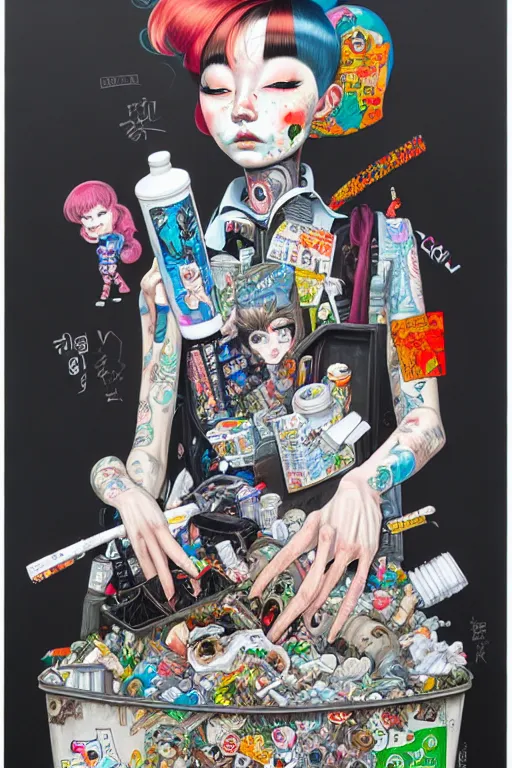 Prompt: full view, from a distance, of anthropomorphic trashcan full of trash, style of yoshii chie and hikari shimoda and martine johanna, highly detailed