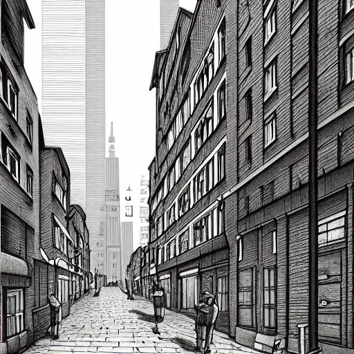 Image similar to a drawing of a city street with a tall building, a storybook illustration by carles delclaux is, behance contest winner, new objectivity, streetscape, storybook illustration, matte drawing