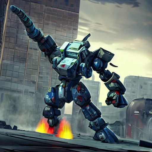 Image similar to agile mech dodging a barrage of rockets, wielding a sword, in a ruined cityscape