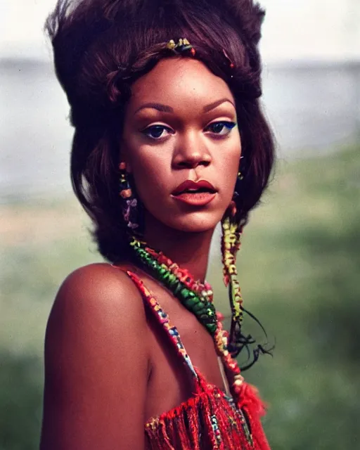 Prompt: a portrait of a 1 9 6 0 s hippie looking like rihanna