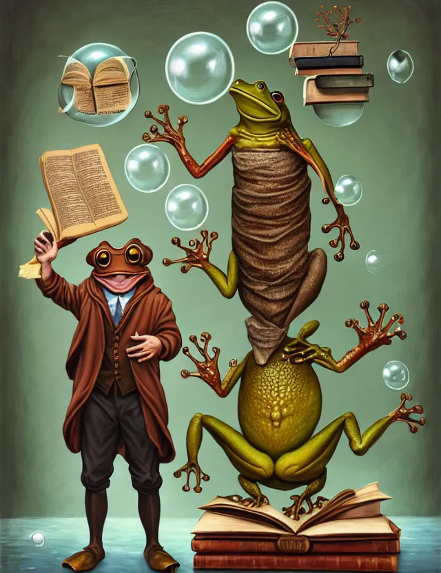 Prompt: anthropomorphic bipedal frog that is dressed as a medieval librarian, and holding a giant book in his hand, as a matte oil painting and d & d character art, by alex grey, standing, fullbody, floating bubbles, copper machinery, concept art, award - winning, extremely detailed, sharp focus