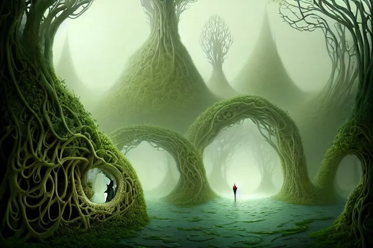 Image similar to an epic elegant mysterious beguiling masterpiece fantasy matte painting of an impossible path winding through forest dream worlds with surreal architecture designed by heironymous bosch, structures inspired by heironymous bosch's garden of earthly delights, surreal root interiors by cyril rolando and asher durand and natalie shau, insanely detailed, whimsical, intricate, sharp focus, elite