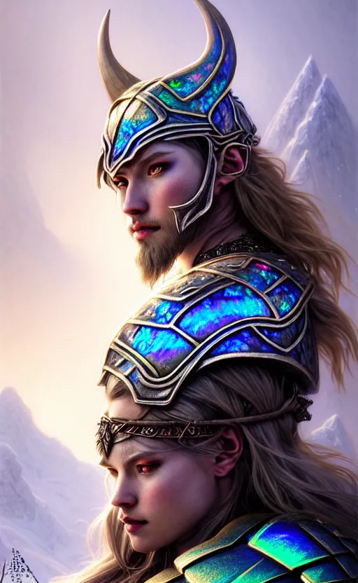 Image similar to iridescent opal viking warrior, wolf armor, winter, morandi color scheme, hd, illustration, epic, d & d, fantasy, intricate, elegant, highly detailed, wide angle, digital painting, artstation, concept art, smooth, sharp focus, illustration, wallpaper, art by artgerm and greg rutkowski and alphonse mucha and jin xiaodi