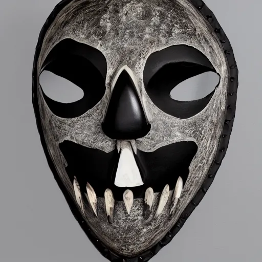 Image similar to symmetrical product photograph of a highly detailed ominous mask made from fragmented bone and obsidian, angry