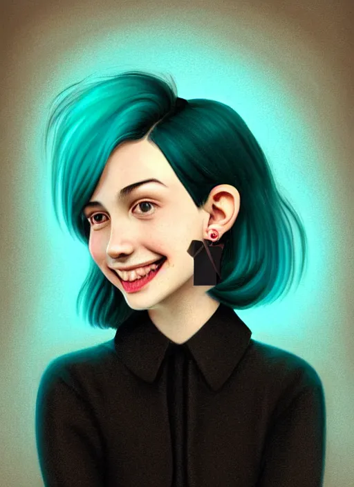 Image similar to portrait of high school girl, realistic, black hair, bangs, half updo hairstyle, pointy nose, skinny, smile, ugly, defined jawline, big chin, teal hair bow, earrings, intricate, elegant, glowing lights, highly detailed, digital painting, artstation, sharp focus, illustration, art by wlop, mars ravelo and greg rutkowski