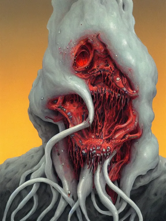 Image similar to wayne barlowe painting of a flying sorrowful looking severed human head with tears running down it's eyes, face that is chalk white in color, with long white tentacles stemming from it's neck, fiery scorching red eyes, background sprawling terrifying hellish cave with lava flowing through it's walls, 4 k