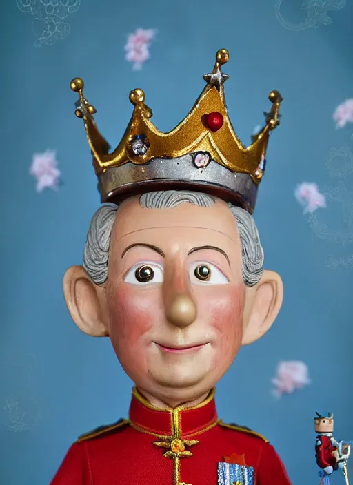 Image similar to closeup face profile portrait of tin toy prince charles as a fairytale prince wearing a crown eating cakes, depth of field, zeiss lens, detailed, symmetrical, centered, fashion photoshoot, by nicoletta ceccoli, mark ryden, lostfish, breathtaking, 8 k resolution, extremely detailed, beautiful, establishing shot, artistic, hyperrealistic, octane render