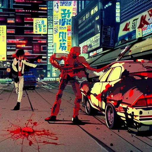 Prompt: 1991 Video Game Screenshot, Anime Neo-tokyo Cyborg bank robbers vs police shootout, bags of money, Police Shot, Bullet Holes, Anime Blood Splatter, Anime VFX, Violent, Action, MP5S, FLCL, Highly Detailed, 8k :4 by Katsuhiro Otomo + Studio Gainax + Arc System Works : 8