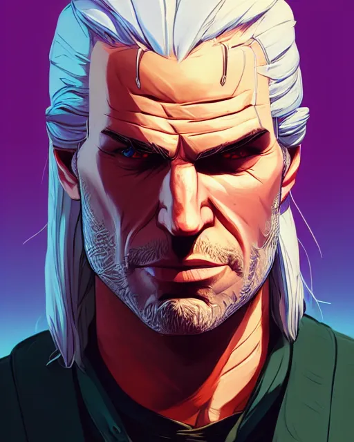 Prompt: portrait of geralt the witcher, gta san andreas cover art, borderlands style, celshading, trending on artstation, by rhads, andreas rocha, rossdraws, makoto shinkai, laurie greasley, lois van baarle, ilya kuvshinov and greg rutkowski