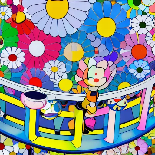 Image similar to man walking across bridge, bright colors, Takashi Murakami, Minimalist,