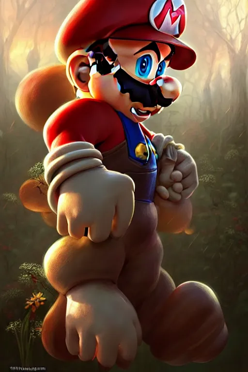 Image similar to mario after battle beaten and bruised, fantasy magic, light night, intricate, elegant, sharp focus, illustration, highly detailed, digital painting, concept art, matte, art by wlop and artgerm and ivan shishkin and andrey shishkin, masterpiece