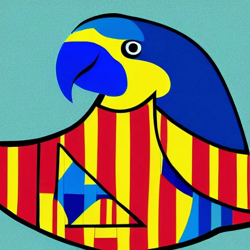 Prompt: Digital painting of a parrot painting the FC Barcelona logo onto a wall with a stalk of bamboo dipped in paint.