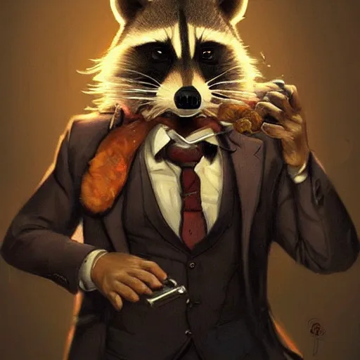 Prompt: a racoon wearing a suit smoking a cigar on his mouth, dramatic lighting, cinematic, establishing shot, extremly high detail, photorealistic, cinematic lighting, artstation, style by James Gurney