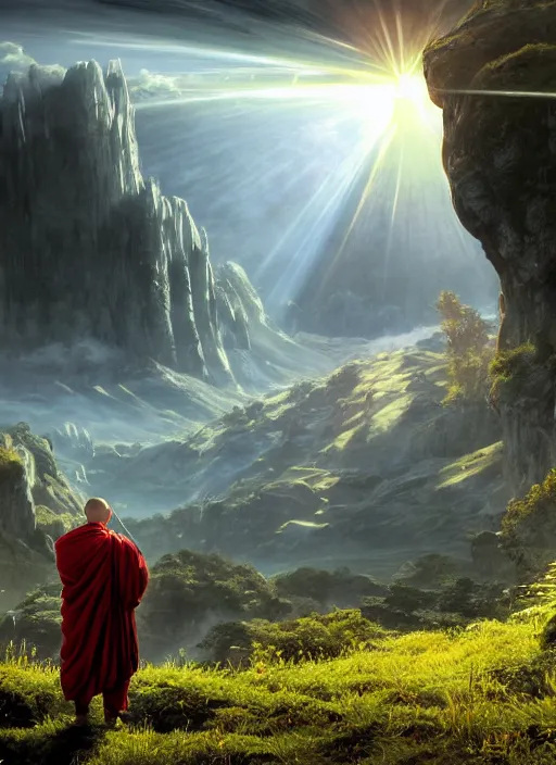 Image similar to a cosmic monk in lord of the rings scenery landscape, looking out at a lush valley, gigantic alien spacecraft in the sky, sunrise, god's rays, highly detailed, vivid color, cinematic lighting, perfect composition, 8 k, gustave dore, derek zabrocki, greg rutkowski, belsinski, octane render