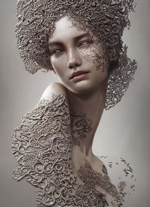 Prompt: sculpture of beautiful woman dissolving into shimmering dust, fractal paisley inlay, intricate, elegant, highly detailed, digital photography, art by artgerm ruan jia and greg rutkowski