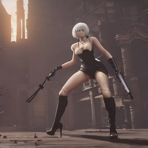 Prompt: Film still of 2B nier automata in a Town from Red Dead Redemption 2 (2018 video game), safe for work, medium full shot, detailed skin and thick thighs, artstation, artstation hq, hd, 4k