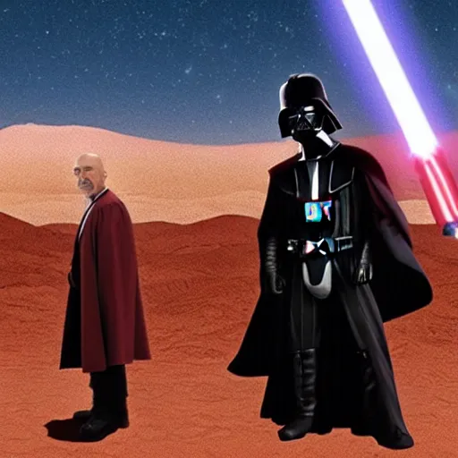 Image similar to Walter White on mustafar with Darth Vader