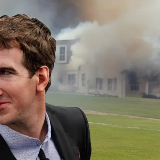 Prompt: a photo of a house burning down in the background and eli manning with an eerie expression in the foreground, strong depth of field