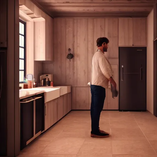 Image similar to man standing in kitchen late at night drinking red wine, realistic artstyle, wide shot, dramatic lighting, octane render, hyperrealistic, high quality, highly detailed, hd, beautiful, cinematic, 8 k, unreal engine, facial accuracy, symmetrical