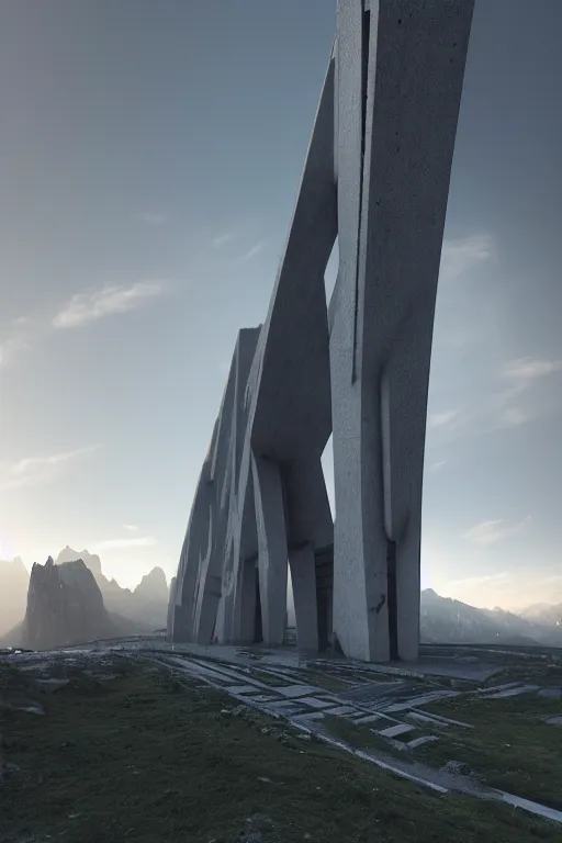 Image similar to sci - fi concrete brutalist architecture in the italian dolomites, zaha hadid, beksinski, photoreal, highly detailed, 8 k, hd, vray, artstation, trending on behance, cinematic matte painting, extreme detail photo quality, sunrays, sunset, featured on behance